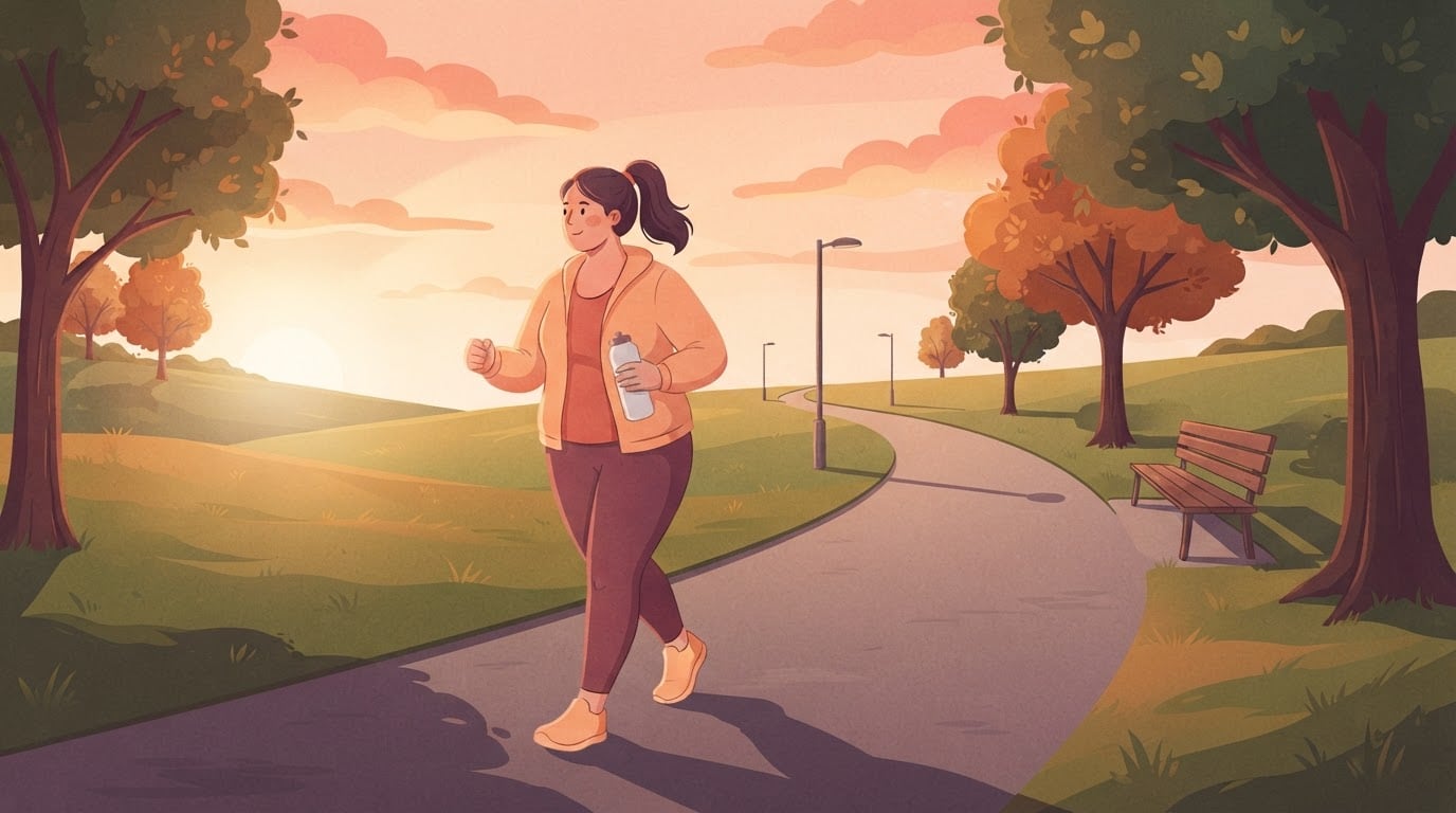 Illustration einer Frau in einer pfirsichfarbenen Jacke, die bei Sonnenaufgang zügig auf einem geschwungenen Parkweg geht, eine Wasserflasche in der Hand, mit dem Weg, der sich weit in die Ferne erstreckt