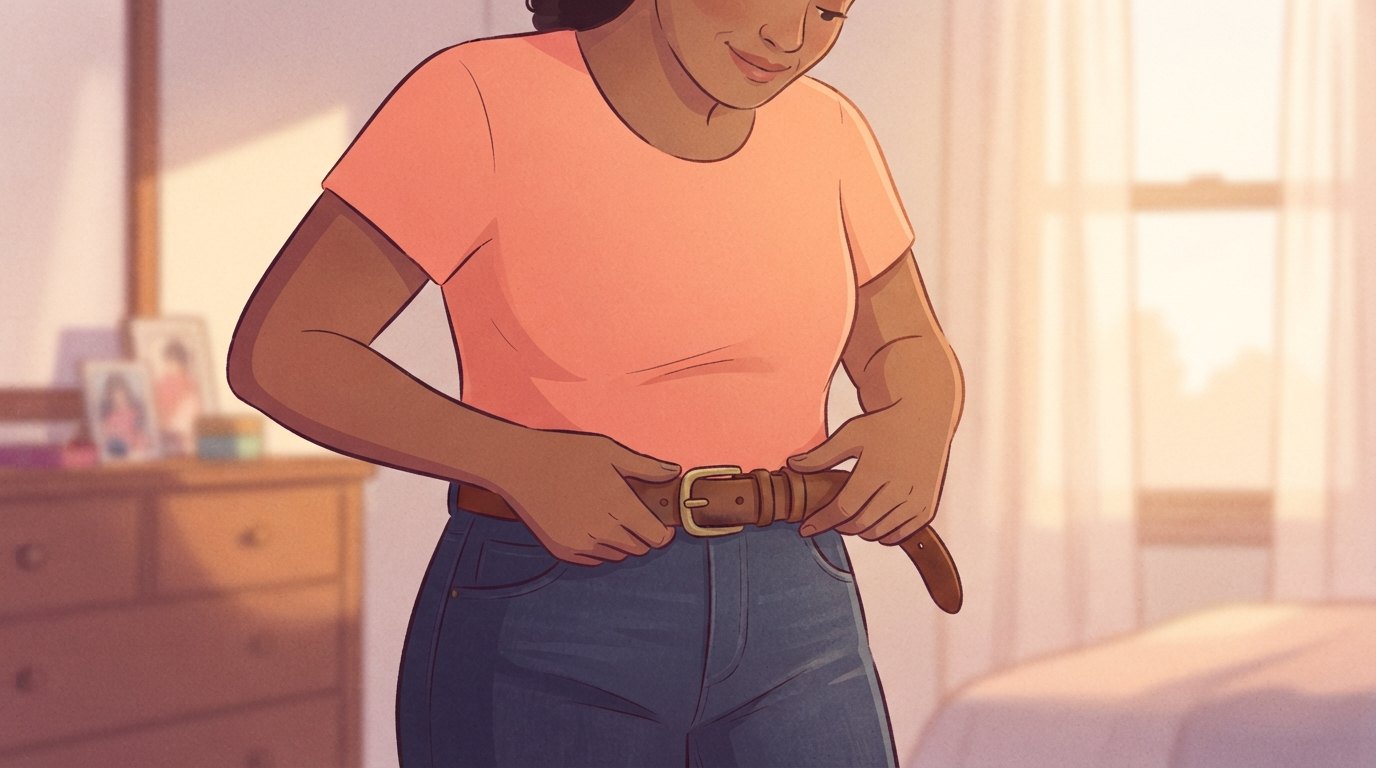 Illustration d'une femme dans une chambre baignée de soleil serrant sa ceinture en cuir d'un cran de plus qu'avant, signe de poids corporel perdu