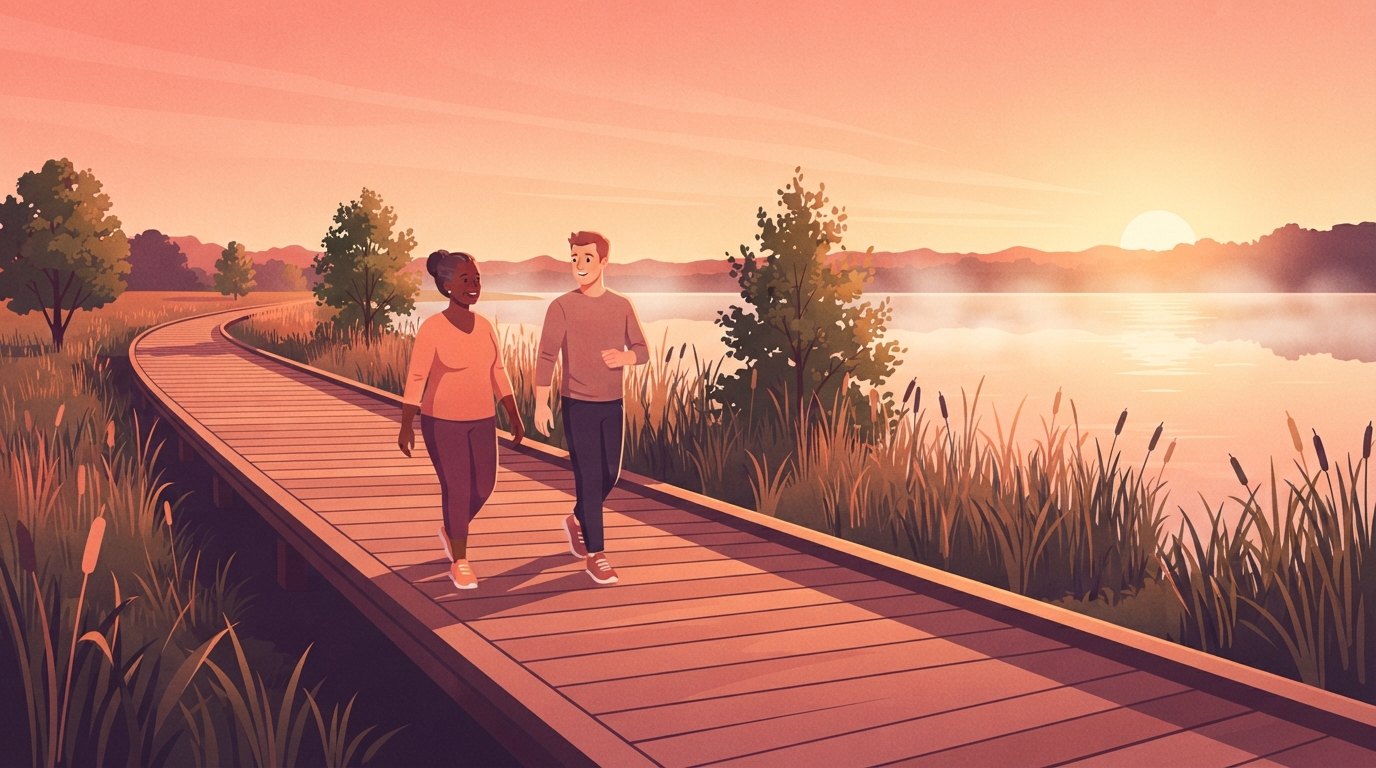 Illustration d'une femme plus âgée et d'un homme plus jeune marchant côte à côte à un rythme tranquille sur une promenade au bord d'un lac au lever du soleil