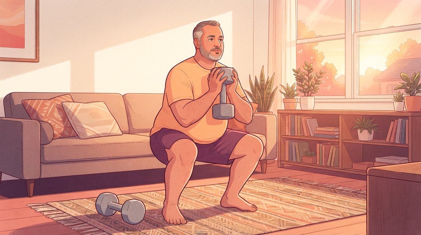 Illustration d'un homme plus corpulent, la cinquantaine, effectuant un squat gobelet avec haltère dans un salon baigné de soleil, avec un second haltère sur le tapis